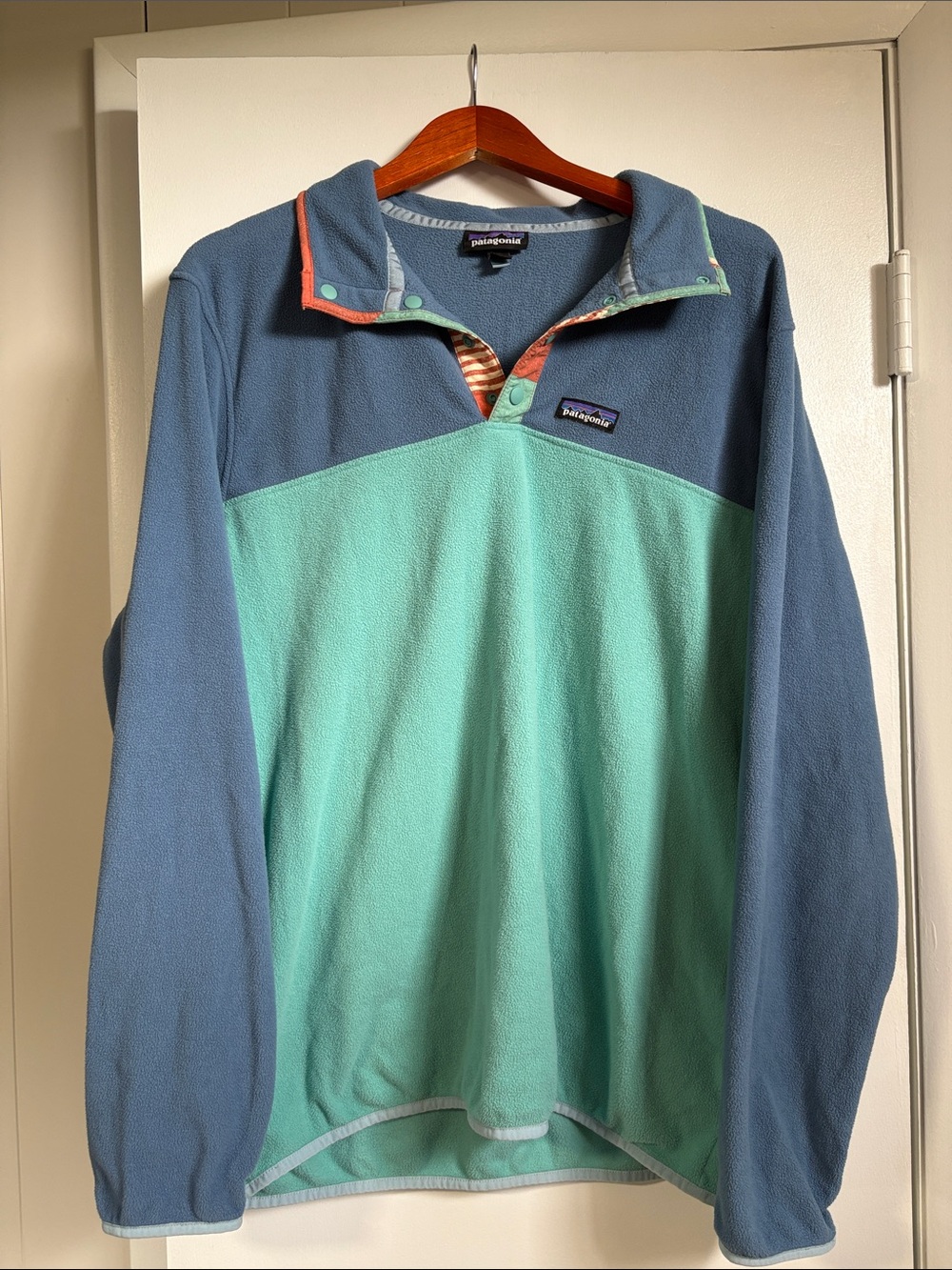 Patagonia Colorblock Snap-T Pullover in Teal and Slate Blue with Coral Trim